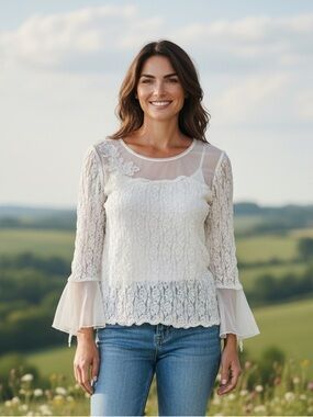 Algo Womens White Lace Sheer Mesh‎ Bell Sleeve Blouse Floral Applique XL